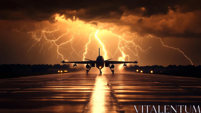 Storm-runway sentinel poised against molten thunder sky.