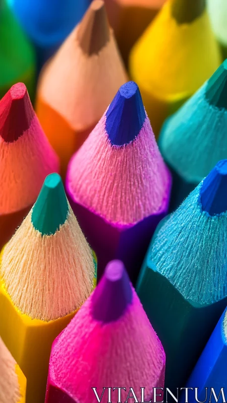 Colored pencil tips are arranged in a dense vertical cluster