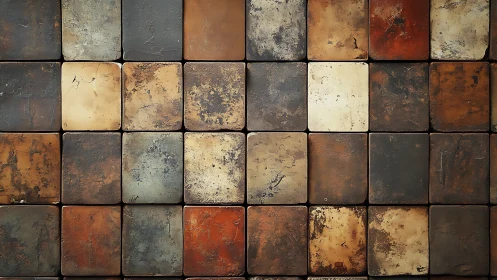 Weathered ceramic tile grid reveals rich industrial patina surface