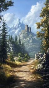 Mountain fortress above winding forest path under clouds.