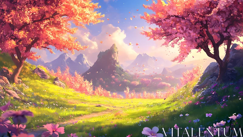 Blooming valley landscape uses warm rim light and deep aerial perspective