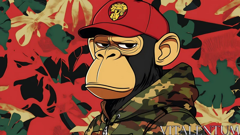 Streetwise cartoon ape in camo hoodie on bold camo backdrop.