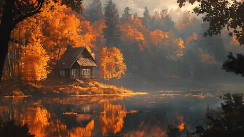 Cabin by calm forest lake under bright autumn foliage.