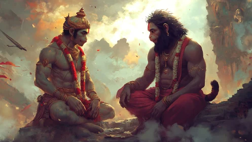 Two mythic monkey warriors sit facing each other in ruins