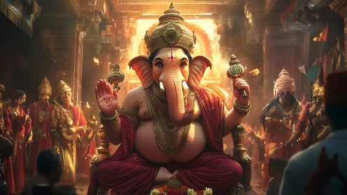 Lord Ganesha deity in radiant temple procession lighting.