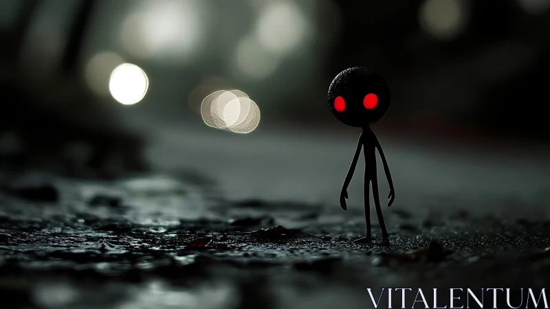 Small night wanderer with glowing red eyes on wet street.