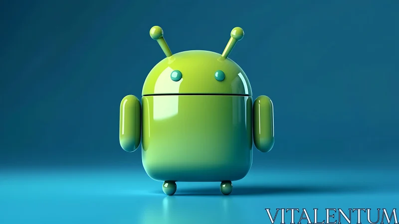 Glossy green robot mascot stands on reflective blue surface