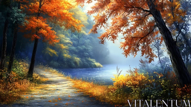 Autumn river trail glowing with soft mist and firebright leaves.