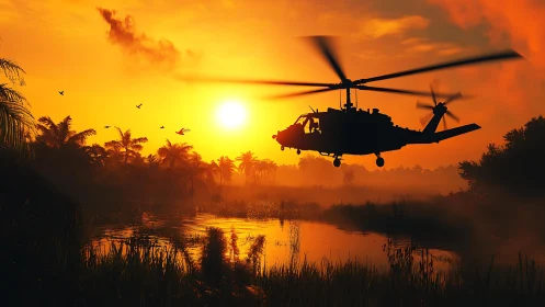 Military helicopter silhouette over jungle river sunset.