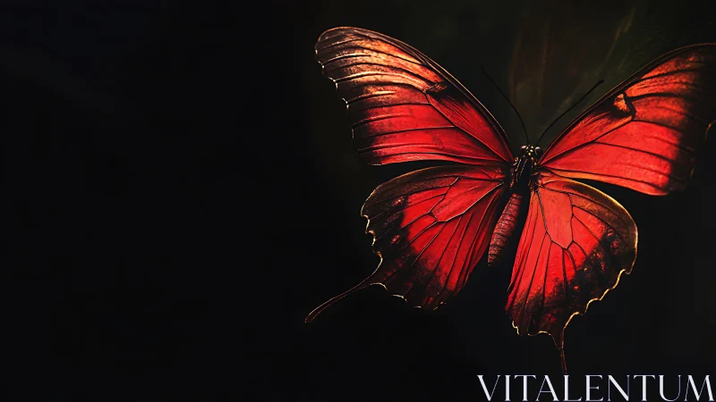 Macro study of illuminated red butterfly wings on black field