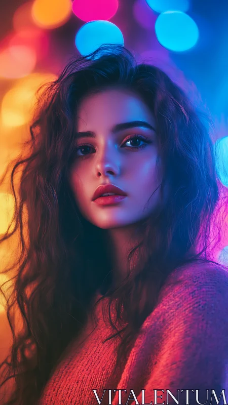 Soft neon glow around contemplative girl in cozy sweater.