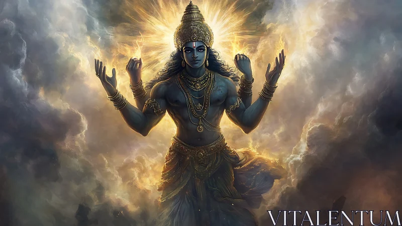 Four-armed blue figure stands in luminous cloud environment