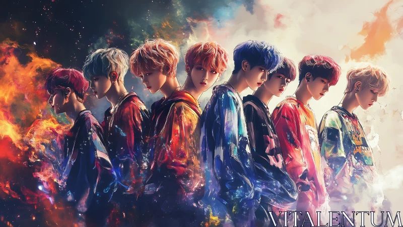 Seven stylized youths in line amid abstract color fields.