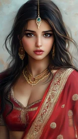 Digital portrait of woman in red sari with gold jewelry.