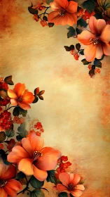 Vintage Floral Composition with Orange Blooms on Textured Backdrop.