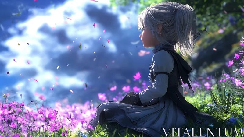 Childlike elf rests in sunlit meadow of drifting petals