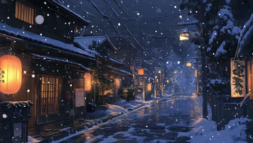 Digital painting of lantern-lit snowy Japanese street at night.
