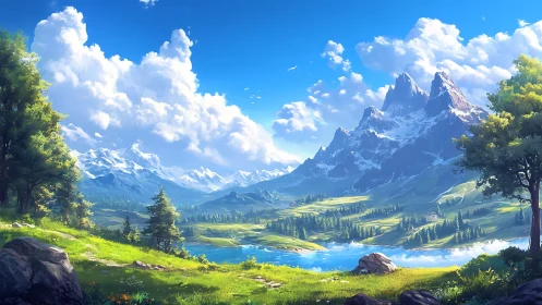 Digital landscape shows alpine valley, lake and distant peaks