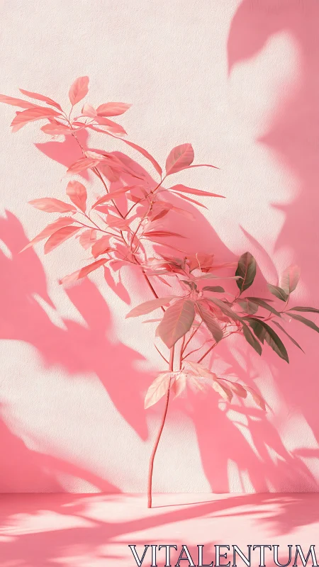 Pink plant stem casts elongated leaf shadows on wall