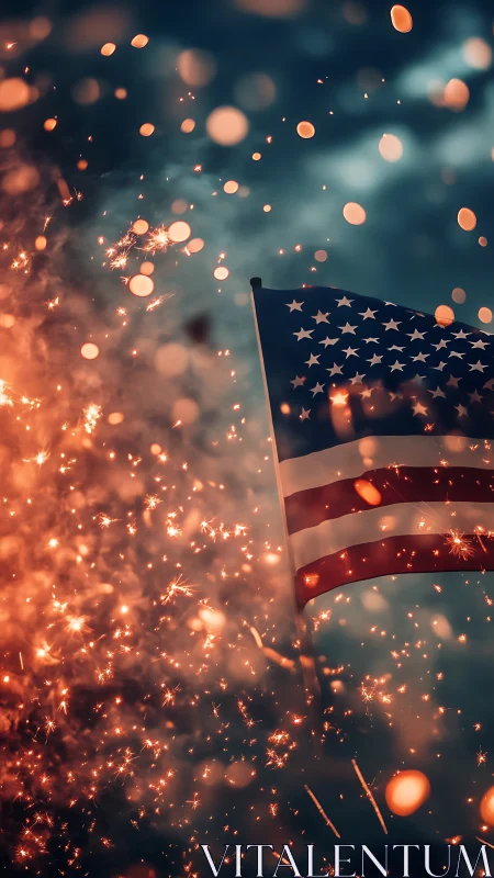 American flag illuminated by dense fireworks bokeh against night sky