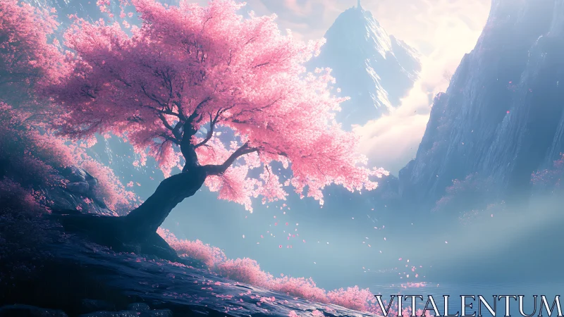 Whisperpink sakura guardian leaning over mistbound valley.