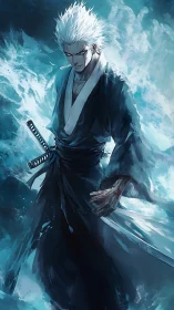 White haired swordsman stands amid stormy blue energy waves