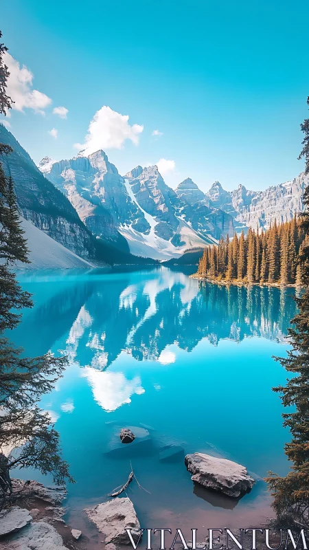 Photorealistic alpine lake panorama with mirrored peaks.