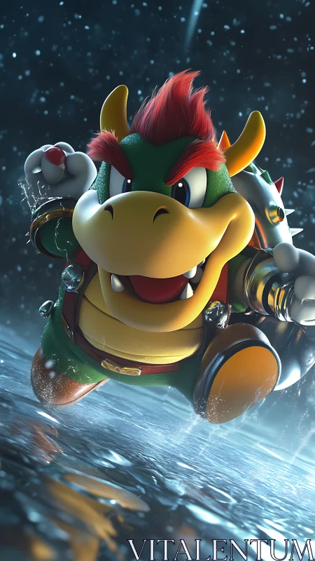 Dynamic turtle warrior sprints through reflective rainstorm.