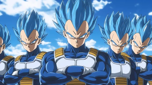 Multiple blue-haired armored warriors stand aligned in formation