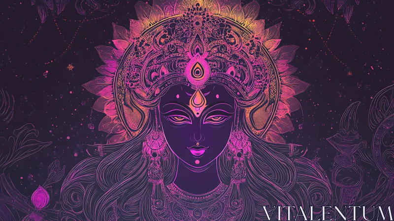 Neon divine goddess portrait with ornate mandala halo.