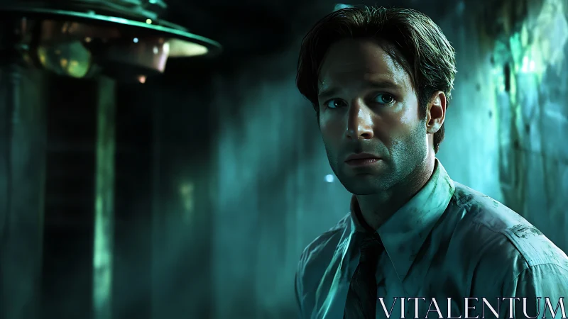 Man in stained shirt stands in dim, green-lit interior