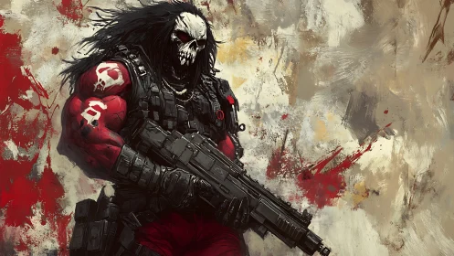 Tactical skull-masked berserker with modular rifle system.