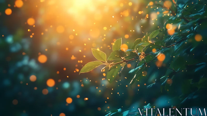 Sunlit forest branch hosts a swirling dance of glowing dust