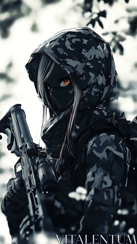 Masked anime sniper in dark camo gear holding rifle.