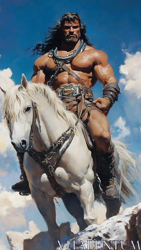 Barbarian warrior astride white warhorse under bold skies.