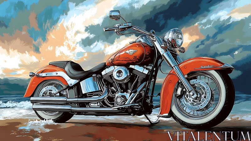 Orange cruiser motorcycle on beach under stormy sky.