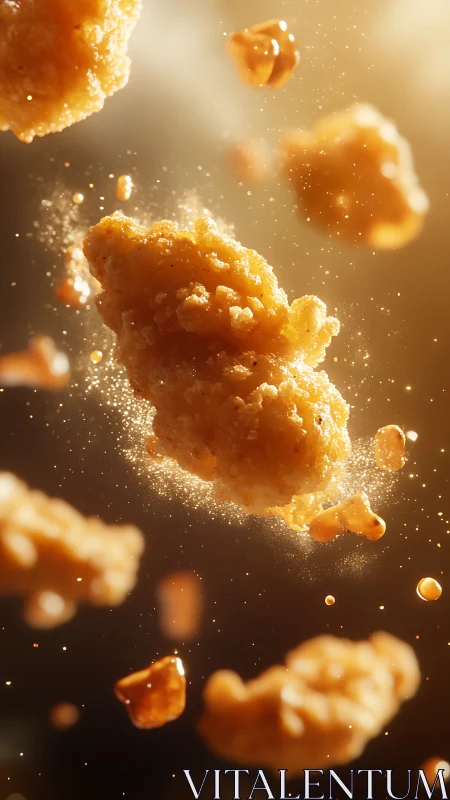 Golden fried dough fragments suspended in dynamic particle dispersion.