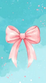 Soft pink ribbon bow floats against aqua watercolor sky