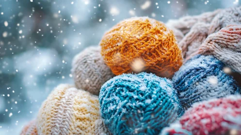 Colorful knitted winter hats stacked in falling snow.