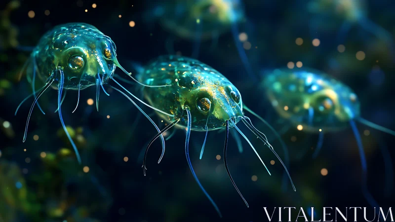 Microscopic aquatic organisms in stylized digital rendering.