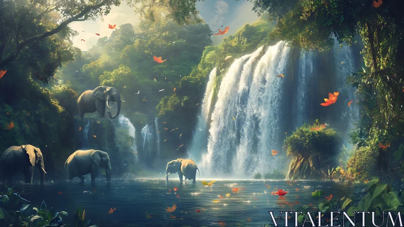Elephants move through river below multi-tiered jungle waterfall