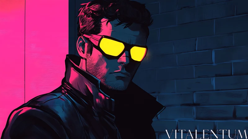 Cool night wanderer in neon city glow and bold shades.