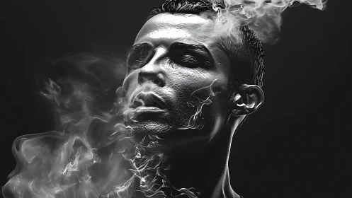 Monochrome male portrait with textured skin and smoke flow.