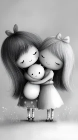 Two girls embracing round-faced child with delicate monochromatic rendering technique.