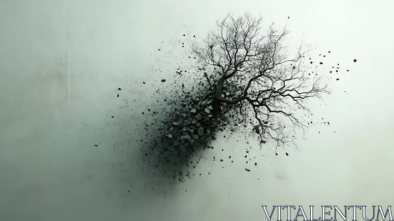 Bare tree with fractured stone burst on pale background.