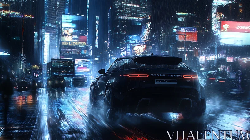 Cyberpunk SUV racing through neon soaked rainy city streets.