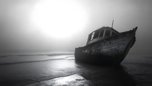 Beached wooden trawler in high-contrast littoral fogscape.