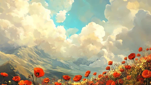 Poppy field below clouded mountain under blue sky plane.