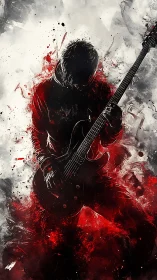 Silhouetted electric guitarist amid abstract red splashes.