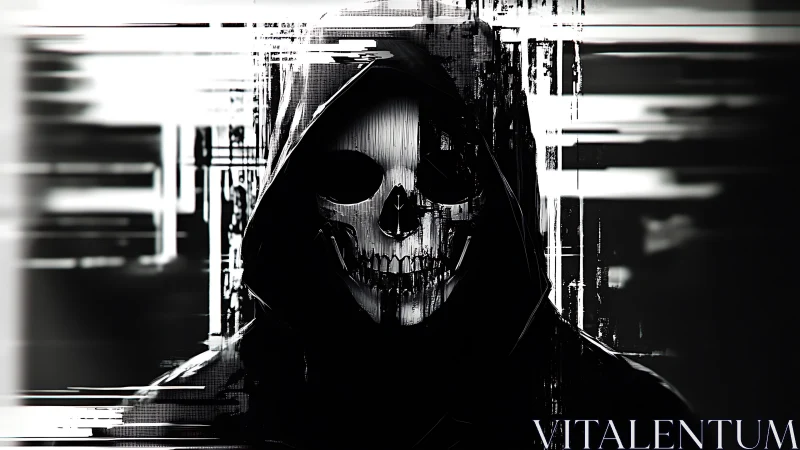 Glitching skull figure in a hooded cloak of shifting static.